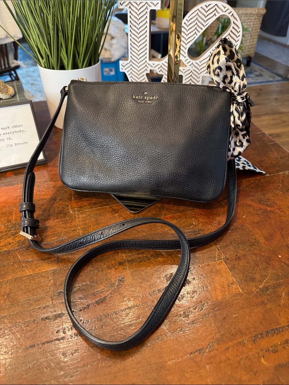 kate spade Black Pebbled Leather Crossbody with Leopard Print Scarf Accent